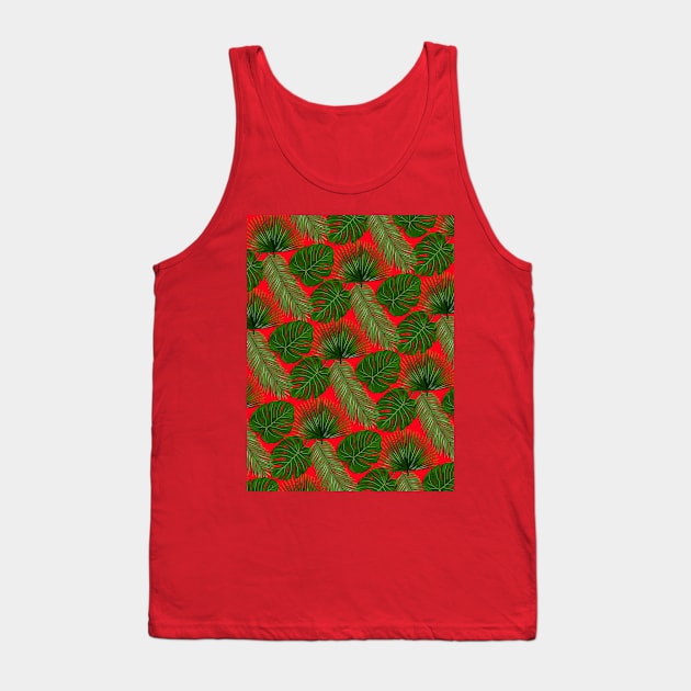 Tropical Leaf Scatter Pattern on Red Tank Top by OneThreeSix
